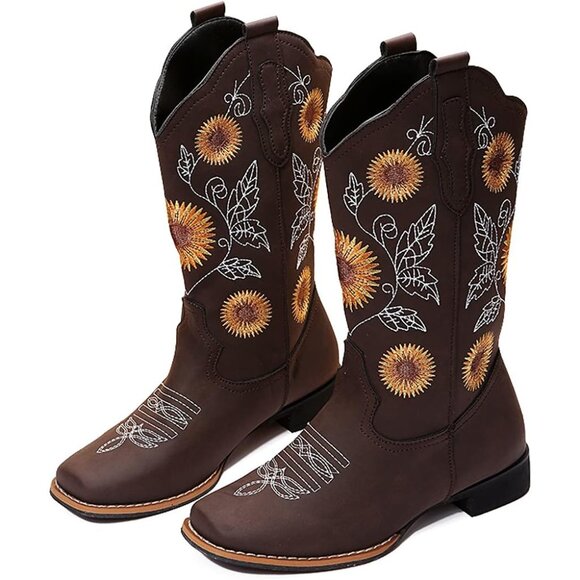 ⚡Women's Brown Mid Calf Cowgirl Western Boots Sunflower Embroidery Square Toe - Picture 1 of 6